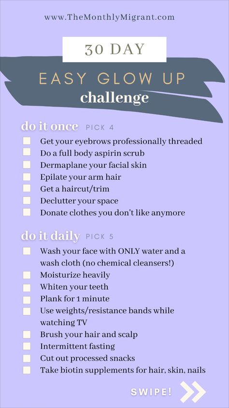 Start the New Year Off Right with a Glow Up All we can do is strive to be a little bit better than we were yesterday, right? This is a challenge for everybody. So, ok yes this is clearly geared a little bit more towards girls, but guys – all these can apply to you too!! These are all tips that I’ve gleaned from my 27 years of slow and grueling glow-up. I thought I’d help someone else speed up their journey to hotness a little bit by sharing this – and just in time for the New Year!! New Years Glow Up List, 2024 Glow Up Challenge, How To Be A New Version Of Yourself, 40 Day Glow Up Challenge, How To Start A Glow Up Journey, 1 Year Glow Up Plan, January Glow Up Challenge, Year Glow Up Challenge, 2024 Glow Up List