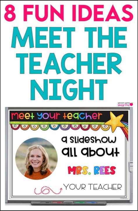 Looking for some fun and easy meet the teacher night ideas? Click through to this post for 8 fun Meet the Teacher Night Ideas! Tips for using an editable meet the teacher template for a slideshow. Perfect for using at stations or for teacher introductions at back to school! From preschool to kindergarten, 1st, 2nd, 3rd, 4th, 5th grade and even middle school, these ideas are perfect for meet the teacher night for students and parents to be more at ease. Meet The Teacher For Parents, Fun Meet The Teacher Ideas, Parent Night Ideas For Teachers Preschool, Meet The Teacher Night Middle School, Meet The Teacher Night Ideas Kindergarten, Meet The Teacher Night Kindergarten, Parent Teacher Night Ideas, Meet The Teacher Ideas Preschool, 5th Grade Meet The Teacher Ideas