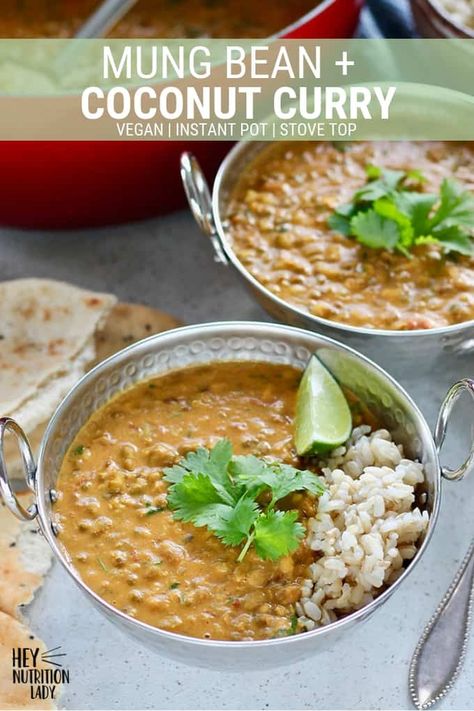 Mung Bean and Coconut Curry! This easy vegan curry is packed with Indian flavours, coconut milk, cilantro, and lime. It's incredibly easy and can be made in the Instant Pot or on the stove top. Grab the recipe and let's get started! #curry #vegan #beans #mungbeans #coconut #cilantro #indian #easy #instantpot #recipe #vegetarian #healthy Easy Vegan Curry, Resep Makanan Beku, Curry Recipes Vegetarian, Vegan Curry Recipes, Beans Curry, Vegetarian Curry, Dal Recipe, Beans And Rice, Vegan Beans