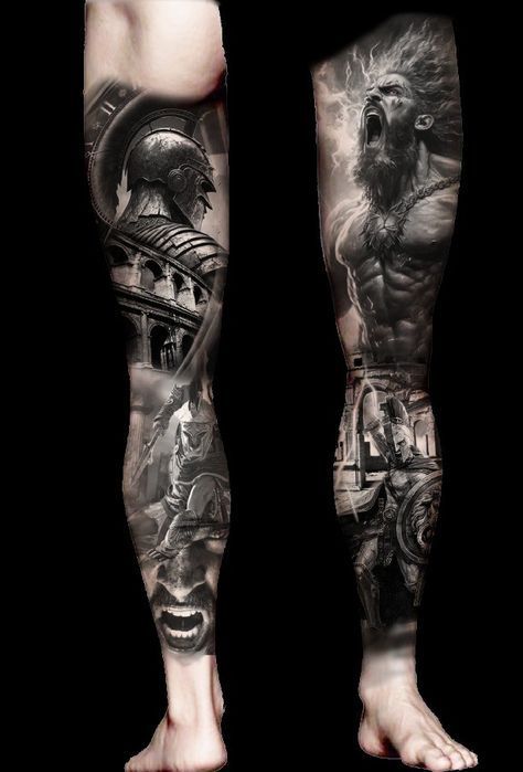 Gladiator Tattoo Leg, Full Leg Sleeve Tattoos For Guys, Greek Mythology Leg Tattoos, Full Leg Tattoo Men, Roman Warrior Tattoo, Lion Leg Tattoo, Full Leg Sleeve, Black Crow Tattoos, Underarm Tattoo