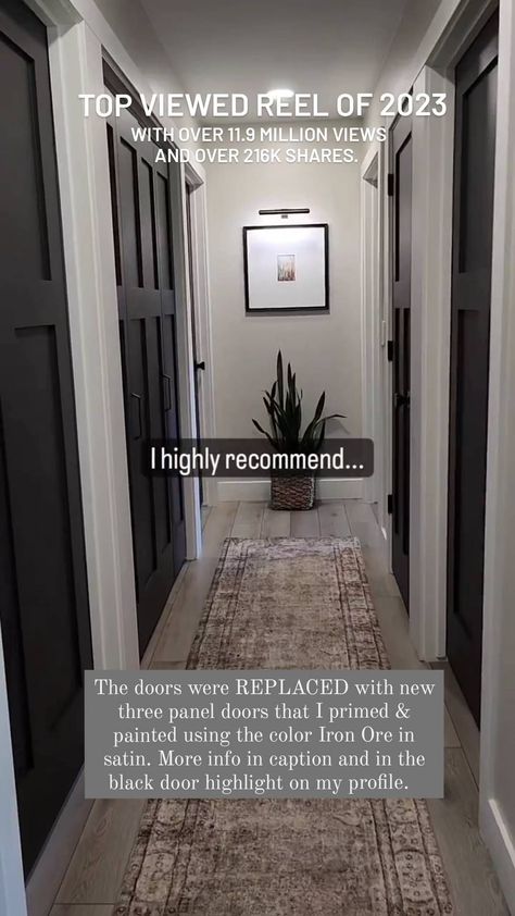 WOW, to say I was blown away by the attention that this reel received is an understatement! Thank you for all of the love you have shown me… | Instagram Windfresh White, Three Panel Doors, White Benjamin Moore, Hall Ideas, Black Door, Iron Ore, Simply White, Black Doors, Door Color