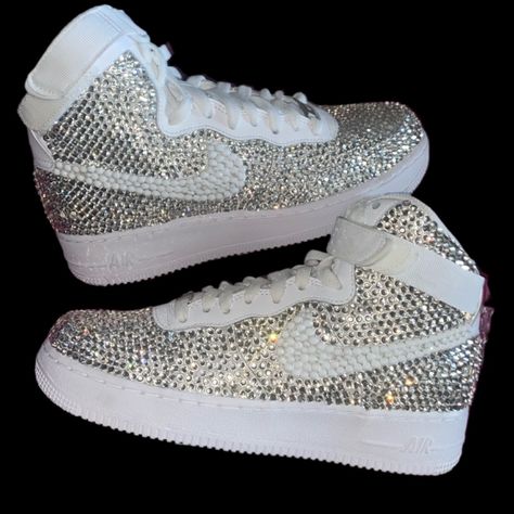 Welcome, Nike Airforce 1’s High Tops With Luxe Crystal & White Full Fronts & Back Design, Made To Last Permanent Design! Colours:Crystal Diamond & White All Colours Available Please See Colour Chart Attached, Brand New In Box Nike Airforce 1’s High Tops Sizes In Usa Women’s 6 6.5 7 7.5 8 8.5 9 9.5 10 10.5 11 11.5 12 12.5 13 Comes With Original & Ribbon Laces To Order; Can Also Be Made In Black Please See Colour Chart Attached To Change Colour Way Or Add Additional Colours Please Add To Bundle Fo Friend Hoodies, Best Friend Hoodies, Bedazzled Shoes, Bling Converse, Pretty Sneakers, Custom Jordans, Ribbon Laces, Nike Fashion Shoes, Nike Airforce 1