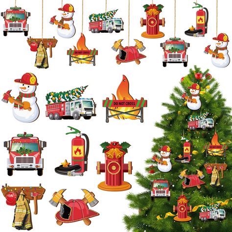 PRICES MAY VARY. Package Includes: you are offered 32 pieces firefighter gifts in 8 different patterns, adequate quantity and various styles to meet your multiple needs of decorating and sharing; The rope is included, convenient for your use Firefighting Theme: these fire department gifts apply some classic elements of firefighting, including fire extinguishers, fire trucks, fire uniforms, etc., with subtle designs and bright colors to match firefighting theme parties Check the Size: the fireman Fire Department Christmas, Firefighter Party, Firefighter Decor, Firefighter Gifts, Fire Extinguishers, Theme Parties, Christmas Ornament Sets, Wooden Decor, Christmas Designs