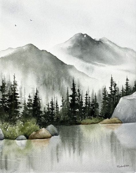 Montana Painting Ideas, Watercolor Landscape Paintings Mountains, Mountain Scene Watercolor, Mountain Trees Painting, Alaska Watercolor Painting, Watercolor Mountain Painting, Winter Mountains Painting, Advanced Watercolor Paintings, Watercolour Mountains Landscapes