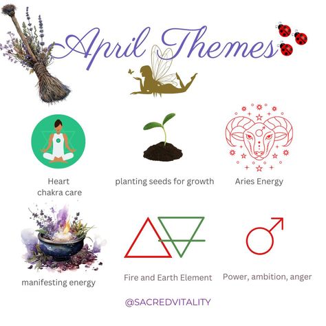 Welcome to April! lots of juicy spring energy (here in the north) and fall energy for those below the equator. April is home to Aries and Taurus season so lots of Fire (passion, motivation and will) and Earth (structure, grounding, and patterns) to get your visions up and running! What seeds of desire are you planting? #april #conversation #sacredvitality #plantingseeds #witchy #fun #newseason April New Moon 2024, April Magical Correspondences, April Zodiac Sign, Month Magical Correspondences, April Full Moon, Aries And Taurus, Earth Structure, Spring Energy, Divination Witch