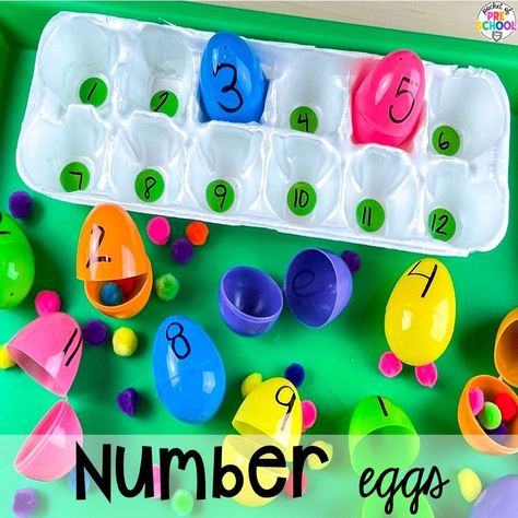 Egg number count and match! Plus tons of Plastic Egg Activities for preschool, pre-k, or kindergarten can be used year-round with tons of themes! Counting Eggs Preschool, Eggs Preschool Activities, Plastic Egg Activities, Cow Classroom, Prek Easter, Egg Activities, Prek Themes, Tk Ideas, Bakery Theme