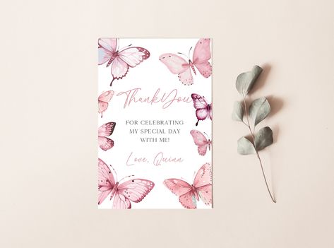 "Thank your party guests in style with our whimsical pastel pink butterfly thank you card. This editable and printable template, available for instant download, lets you share your gratitude while maintaining your party's magical theme. The charming watercolor butterfly design is the perfect way to wrap up any girl's birthday celebration. Simply download, personalize, and print these enchanting notes at home. Whether it's for a butterfly, fairy, or magical themed party, these thank you cards wil Butterfly Thank You Cards, Pastel Pink Butterfly, Magical Theme, Thank You Party, Watercolor Butterfly, Birthday Thank You Cards, Butterfly Party, Butterfly Birthday, Rose Pastel