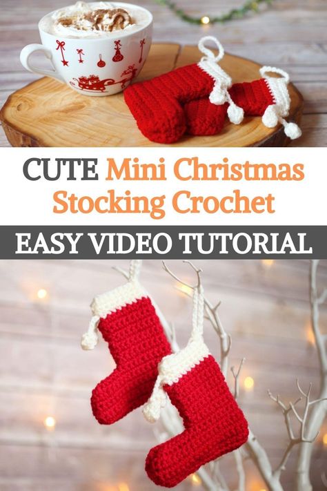 Crochet Mini Stocking Pattern Free, Easy Crochet Christmas Stocking, Crochet Mini Christmas, Stockings Crochet, Crochet Ornaments Free Pattern, Christmas Stocking Crochet, Stocking Pattern Free, Christmas Stocking Tutorial, Stocking Crochet