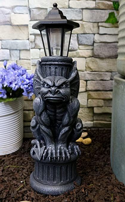 Ebros Faux Stone Gothic Crouching Winged Gargoyle Statue with Solar LED Lantern Light Post 20" Tall Decor Figurine Gargoyle Statue, Tall Decor, Spooky Home Decor, Light Post, Solar Lantern, Led Lantern, Solar Lanterns, Decor Figurines, Solar Led