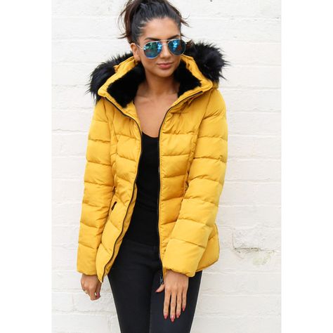 Quilted Padded Short Hooded Puffer Anorak Coat with Fur Trim in... ($105) ❤ liked on Polyvore featuring outerwear, coats, quilted puffer jacket, quilted puffer coat, puffy jacket, fur trim coats and yellow coat Yellow Puffer Jacket Outfit, Yellow Jacket Outfit, Mustard Coat, Yellow Puffer Jacket, Coat With Fur Trim, Puffer Jacket With Fur, Jacket Coat Fashion, Ski Outfits, Puffer Jacket Outfit