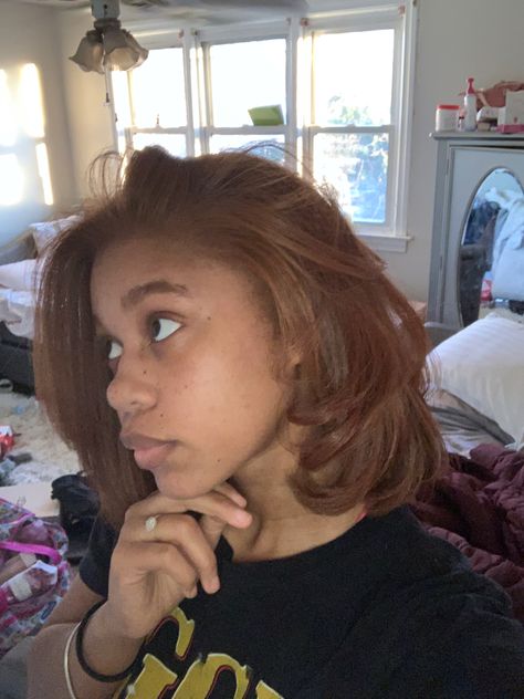 Ginger Silk Press Natural Hair Short, Honey Hair On Black Women, Honey Ginger Hair Color Black Women, Soft Auburn Hair Color On Black Women, Light Brown Silk Press, Chocolate Brown Natural Hair Black Women, Ginger Streaks In Black Hair, Light Brown On Black Women, Hazel Nut Hair Color