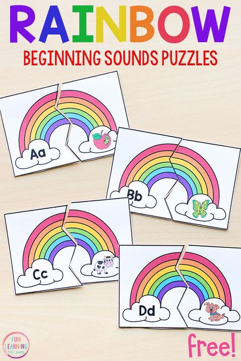 Kids love these rainbow beginning sounds puzzles. They will make learning fun this spring or St. Patrick's Day! #alphabetactivities #literacyfreebies #literacycenters #preschool #kindergarten Abc Bootcamp, Preschoolers Activities, Free Printables For Kids, Rainbow Activities, Printables For Kids, Spring Preschool, Kindergarten Centers, Preschool Literacy, Beginning Sounds