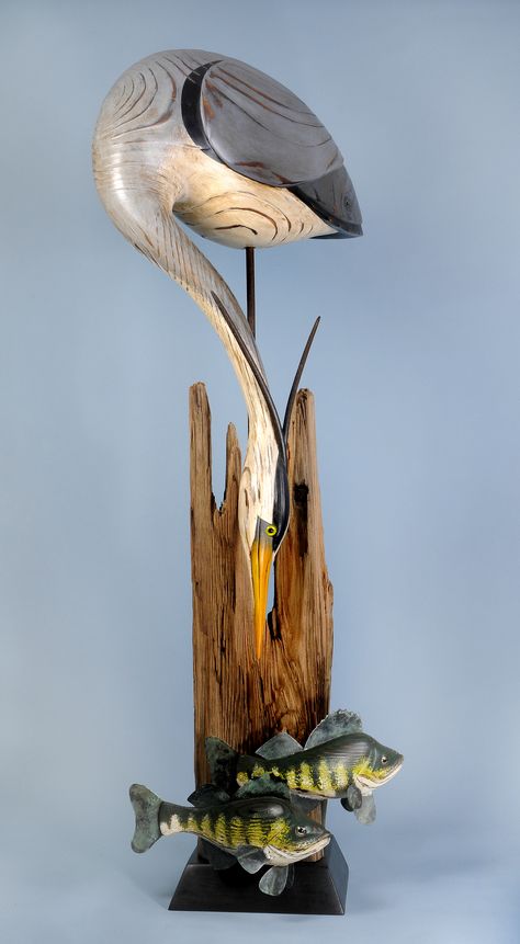 Fishing Heron by Chris Hindley Heron Sculpture, Tre Kunst, Wood Sculpture Art, Heron Art, Decoy Carving, Carved Wooden Birds, Driftwood Sculpture, Bird Carving, Wood Carving Designs