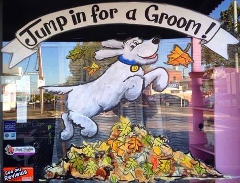 Pet Shop Window Display Ideas, Dog Window Display, Dog Grooming Paintings, Pet Store Window Display, Dog Grooming Window Art, Dog Daycare Design, Dog Mural, Grooming Room, Face Challenge