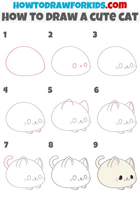 How to Draw a Cute Cat - Easy Drawing Tutorial For Kids How To Draw A Cute Axolotl Step By Step, How To Draw A Kawaii Cat, How To Draw Kitty, Kawaii How To Draw, How To Draw A Cute Cat, How To Draw Cats Step By Step, How To Draw Kawaii, How To Draw Cute Animals, Draw A Cute Cat