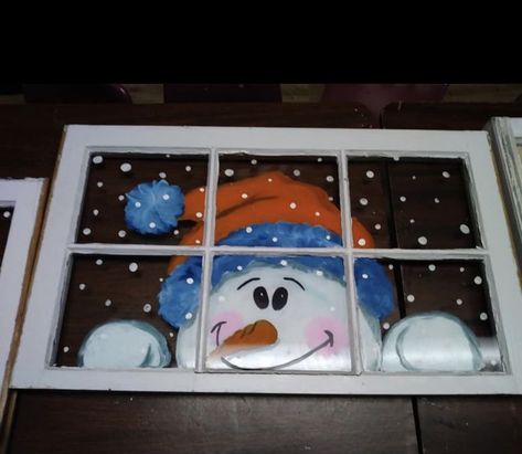 Winter Paintings On Canvas Acrylics Easy, Painted Christmas Windows Ideas, Snowman On Window, Snowman Window Painting, Painted Windows, Easy Window Painting Ideas, Snowman Peeking In Window, Snowy Window Painting, Snow Painted Windows