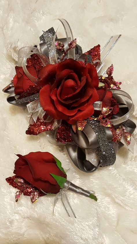 Ruby red and dark gray corsage set from Hen House Designs www.henhousedesigns.net Gray Corsage, Prom Corsage Red, Mailbox Bows, Red Corsages, Wristlet Corsage, Prom Flowers Corsage, Pastor Anniversary, Homecoming Flowers, Prom Corsages