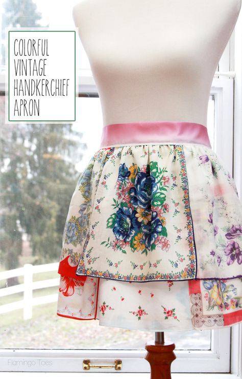 DIY Colorful Vintage Handkerchief Apron instructions.  Using blanket binding for the waistband and ties. Apron Diy, Free Apron Pattern, Vintage Handkerchiefs Crafts, Anna Et Elsa, Handkerchief Crafts, Sewing Top, Skip To My Lou, Apron Sewing Pattern, Vintage Handkerchief