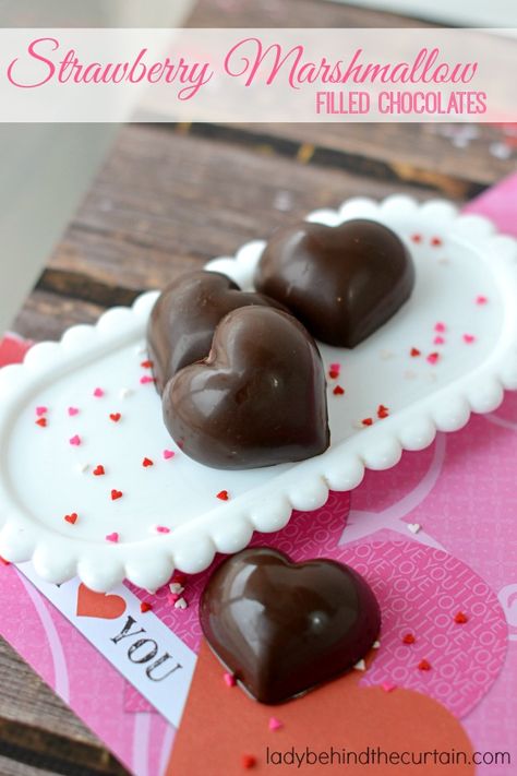 Strawberry Marshmallow Filled Chocolates: These easy to make chocolates are the perfect way to say "I Love You".  Bag up a few and put them on your sweetie Marshmallow Filled Chocolates, Chocolates Recipe, Filled Chocolates, Strawberry Marshmallow, Chocolate Candy Recipes, Candy Truffles, Chocolate Making, Chocolate Candies, Behind The Curtain