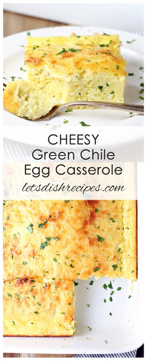 Cheesy Green Chile Egg Casserole Recipe: This simple, easy to make baked egg casserole is always a hit an potlucks and brunches. You won't find another easier, tastier breakfast casserole recipe anywhere! #eggs #breakfast #brunch #casserole #breakfastcasserole Eggs Ole Breakfast Casserole, Cornbread Breakfast Casserole Easy Recipes, Ww Egg Casserole Recipes, Green Chili Egg Casserole With Cottage Cheese, Egg Casserole Recipes No Potatoes, Simple Breakfast Potluck Ideas, Eggs And Cottage Cheese Casserole, Egg And Green Chili Casserole, Egg Casserole With Cottage Cheese And Green Chilis