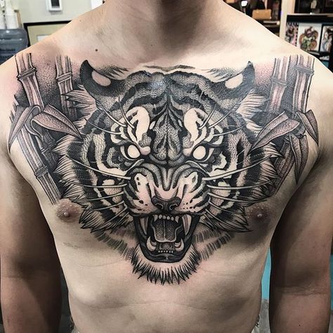 #blackworktattoo #blackwork #blackworkerssubmission #blackworkers_tattoo #blackworknow #blacktattoo #dotwork #dotworktattoo #tiger… Tiger Chest Tattoo, Tiger Head Tattoo, Full Chest Tattoos, Husband Tattoo, Tiger Tattoo Design, Cool Chest Tattoos, Chest Piece Tattoos, Chest Tattoo Men, Stomach Tattoos