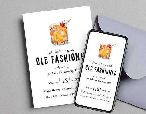 Old Fashioned Cocktail Party Invitations, Old Fashion Celebration Birthday Party Invite, Editable Template Printable and Digital, Men's 134 Old Fashioned Themed Party, Old Fashioned Birthday Party, Minimalistic Invitation, Cocktail Party Invitations, Fashion Birthday Party, Milestone Birthday Invitations, Cocktail Party Invitation, Celebration Birthday, Birthday Party Invite