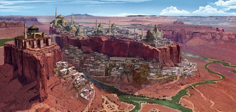 Dnd Desert City, Desert Cities, Canyon City, Canyon Landscape, Desert City, Arte Steampunk, Scenery Background, Location Inspiration, Landscape Concept