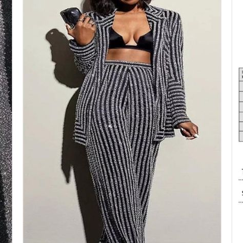 Black Striped Bedazzled Two Piece Pants Set! Has Beautiful Matching Blazer! Has Matching Wide Leg Pants! 100% Polyester! #Bedazzlemybody This A Stock Picture, I Do Not Have Pictures. Formal Pant, Business Professional Outfits, Striped Jacket, Casual Stripes, Striped Blazer, Professional Outfits, Casual Sets, Pant Set, Straight Pants