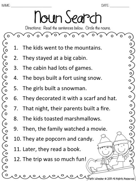 Snow Kids Noun Search Freebie Nouns And Verbs Worksheets, Nouns Verbs Adjectives, Nouns Worksheet, 1st Grade Writing, First Grade Worksheets, First Grade Writing, Verb Worksheets, English Grammar Worksheets, Nouns And Verbs