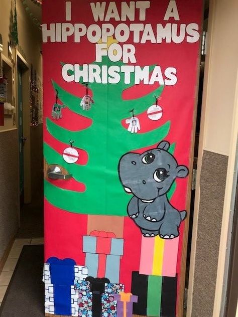 Christmas door contest-I want a hippopotamus for Christmas Music Classroom Christmas Door, Christmas Song Door Decorations For School, Christmas Movie Doors Classroom, Christmas Song Door Decorating Contest, Office Door Decorations, I Want A Hippopotamus For Christmas Door, Christmas Door Decorating Ideas, Social Work Office, Christmas Door Decorating