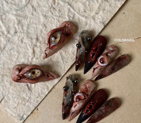 Mold Inspired Nails, Gory Nail Designs, Halloween Nails Creepy, Gore Nails Art, Silent Hill Nails, Demonic Nails, Centipede Nails, Satosugu Nails, Corpse Nails