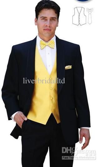 Black Wedding Suit Groom, Yellow Waistcoat, Gold Tuxedo, Bow Tie Suit, Yellow Bow Tie, Black Suit Wedding, Groomsmen Outfits, Yellow Vest, Wedding Suits Groom