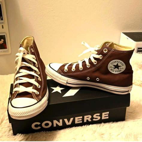 Here Are The Classic High Top Converse In Brown! Size 8 In Women And 6 In Men. They Are Used Only Once, I Wore Them For About 3 Hours But They Were Way Too Small On Me. There Is No Damage To The Shoes And Also Comes With The Original Box! I Could Not Return Them In Store So This Is Why I Am Posting It On Here But There Is No Defects At All! For Anymore Questions Or Pictures, Please Reach Out To Me! Brown Converse Sneakers, Brown Converse High Tops Platform, Brown Converse Aesthetic, Brown Aesthetic Converse, Converse Shoes Aesthetic Brown, Brown High-top Converse Canvas Shoes, Converse Brown, Brown Converse, Black Chuck Taylors