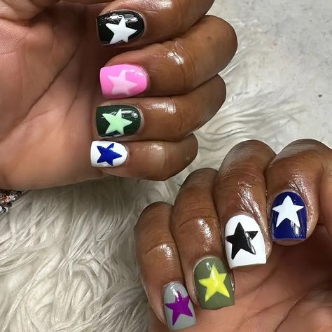 Y2k Colorful Star Short Square Shape Nail Forms Glossy - Temu Colorful Acrylic Nails, Colourful Acrylic Nails, Nails Star, Nails Short Square, White Y2k, Y2k Girls, Press On Nails Short, Nails For Women, Nail Forms