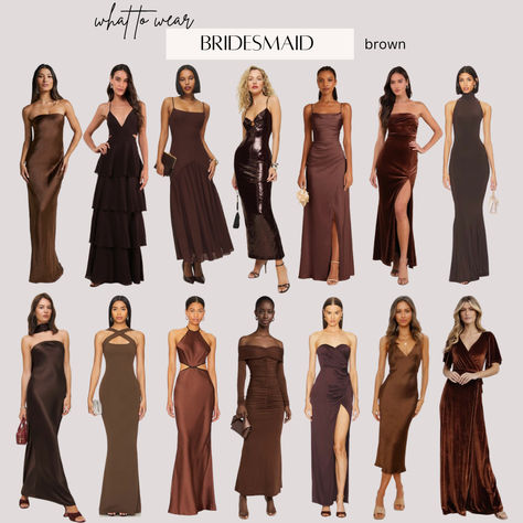 Brown bridesmaid dresses chocolate gowns for fall and winter wedding Brown White Wedding Theme, Brown Mismatched Bridesmaid Dresses, Brown Gowns Elegant, Chocolate Brown Dress Outfit Wedding, Brown And Champagne Bridesmaid Dresses, Black And Brown Bridesmaid Dresses, Deep Brown Bridesmaid Dresses, Chocolate Brown Wedding Colors, Brown Decor Wedding