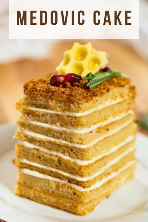 Indulge in the luxurious layers of our Decadent Medovic Cake, a true masterpiece infused with burnt honey and spice.
This traditional dessert combines soft cake layers with a creamy sour cream and whipped cream filling, all coated with a homemade cake 

#MedovicCake #HoneyCake #LayeredDessert #GourmetBaking #CakeLovers
#MedovicCake #HoneyInfused #ElegantDesserts #BakingMagic #LayerCake #GourmetTreats #CakeArt #SweetIndulgence #CulinaryDelights #BakeFromScratch Whipped Cream Filling, Burnt Honey, Russian Honey Cake, Honey Cake Recipe, Soft Cake, Dairy Free Cake, Baking With Honey, Cake Layers, Homemade Cake