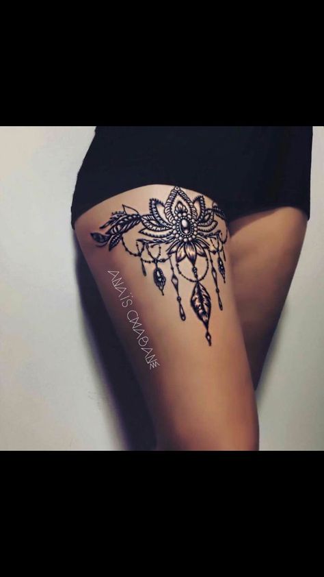 Behind Leg Tattoo Thighs, Lotus Tat, Upper Thigh Tattoos, Buddha Tattoo Design, Buddha Tattoo, Stomach Tattoos, Thigh Tattoo, Body Tattoos, Tattoo Sketches