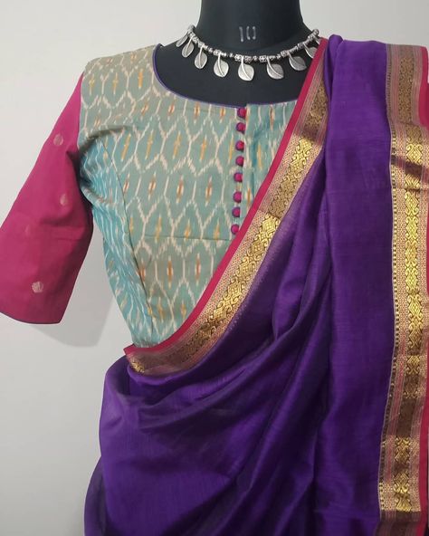 Ikkat Blouse Designs, Model Blouses, Draping Saree, Ikkat Blouse, Blouses Pattern, Saree Jacket, Pattern Blouses, Blouse Works, Blouse Designs High Neck