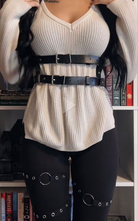 Punk Outfits For Women Aesthetic, Harness Sweater Outfit, Toned Down Goth Outfits, Gothic Lifestyle Aesthetic, Hourglass Goth Outfits, Alternative Goth Outfits, Harness Outfit Casual, Harness Outfit Aesthetic, Alternative Outfits Summer