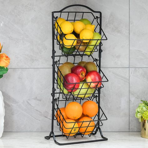 PRICES MAY VARY. 【Good Size】Please check the product size before ordering,the overall size is 9.8"D x 7.3"W x 25.5"H,the basket size is 8.2"D x 8.2"W x 4.3"H 【Attractive Fruit Basket】This 3 tier fruit basket is attractive storage and organized basket for all areas of your home, it's practical, compact & stylish, made of 100% iron, and solidly constructed, , beautiful way to display fresh fruits, vegetables, produce, handly snack and saver counter space. 【Practical & Perfect Display】The fruit bas Hanging Basket Stand, Produce Basket, Produce Baskets, Tiered Fruit Basket, Metal Bar Cart, How To Store Potatoes, Basket Fruit, Fruit Holder, Vegetable Basket