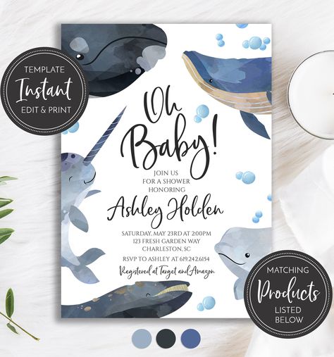 Whale Party, Boy Party Invitations, Virtual Baby Shower Invitation, Sea Baby Shower, Baby Shower Templates, Virtual Baby Shower, Star Baby Showers, 1st Birthday Invitations, Narwhal