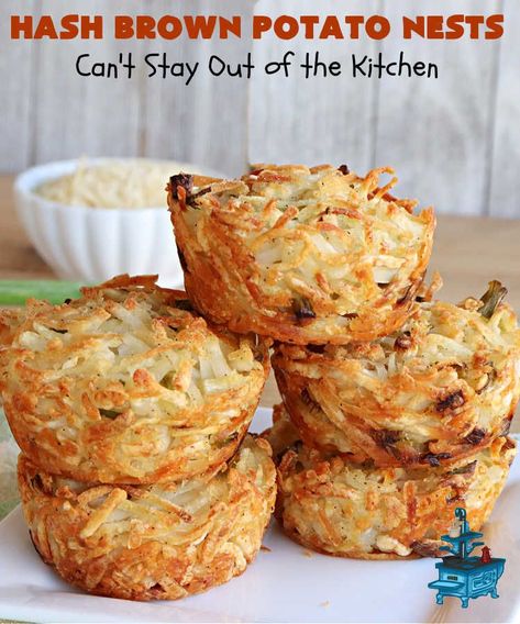 Hash Brown Potato Nests | Can't Stay Out of the Kitchen | these adorable #potato nests are marvelous for weekend, company or a #holiday #breakfast. They're simple to make & are baked in muffin tins. Excellent side for a #HolidayBreakfast. #GlutenFree #ParmesanCheese #HashBrowns #HashBrownPotatoNests