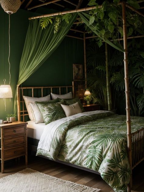 Transform your bedroom into a jungle paradise with lush greenery and leaf-printed bedding. Add bamboo furniture accents and string up fairy lights to create a cozy and magical jungle house aesthetic. Jungle House Aesthetic, Jungle Paradise, Small Downstairs Toilet, Magical Jungle, Jungle House, Printed Bedding, House Aesthetic, Small Bathroom Ideas On A Budget, Bamboo Furniture