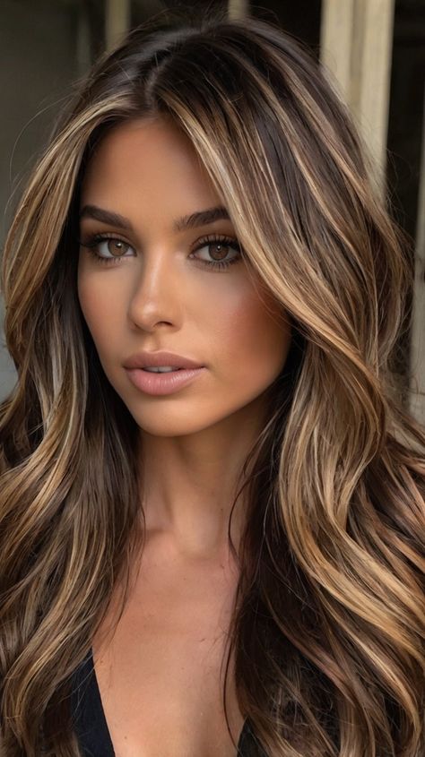 Brown Hair Colors with Blonde Highlights Brown Hair With Thick Highlights, Thick Highlights Brown Hair, Low Light Hair, Partial Highlights For Brunettes, Long Hair With Highlights, Ash Blonde Balayage Dark, Brown Hair Colors With Blonde, Hair Colors With Blonde, Thick Highlights