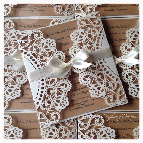 Invitation Card Design Handmade, Lasercut Wedding Invitation, Doily Wedding Invitations, Doily Cards, Wedding Planning Checklist Timeline, Fancy Envelopes, Doily Wedding, Wedding Shower Cards, Country Bridal Shower