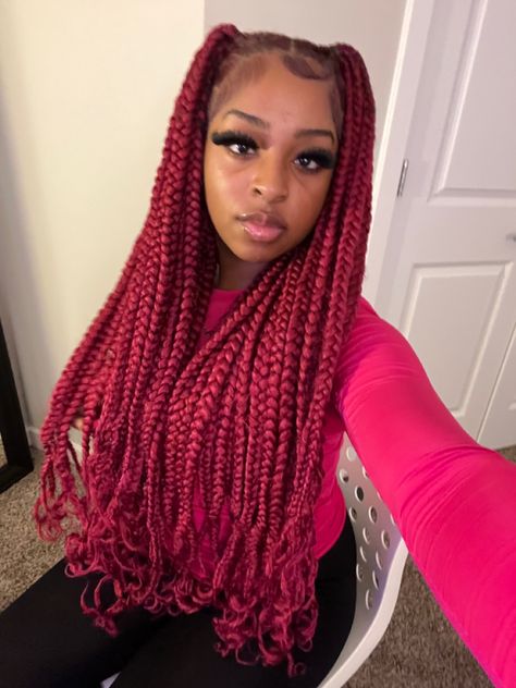 Red Box Braids On Black Hair, Anaya Jasmin, Red Curly Braids Black Women, Pretty Braiding Hairstyles, Styles For Braids For Black Women, Black And Red Box Braids With Curls, Red Box Braids With Curls, Burgundy Faux Locs, Color Box Braids