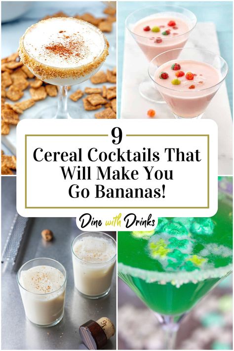 Collage of 4 cereal cocktails. Cereal Cocktails, Breakfast Cocktail, Cheerios Recipes, Summer Drink Ideas, Raise Eyebrows, Cereal Flavors, Best Cereal, Breakfast Cocktails, Batch Cocktails