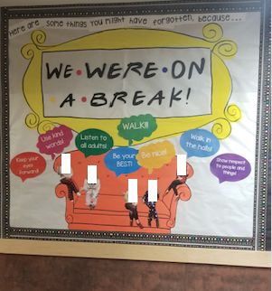 Bulletin Board about school expectations using the phrase "We were on a break" from FRIENDS. Cutouts of staff and speech bubbles display the expectations after students returned from winter break. By Anjali Tavernier We Were On A Break Bulletin Board, School Expectations, We Were On A Break, Boards Ideas, On A Break, About School, Speech Bubbles, Winter Break, Bulletin Boards