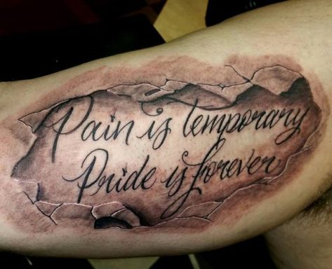 Tattoo Ideas For Men Forearm Quotes, Arm Tattoo Quotes, Medusa Sleeve, Igy6 Tattoo, Ripped Skin Tattoo, Arm Quote Tattoos, Bicep Tattoos, Quote Tattoos Placement, Bicep Tattoo Men