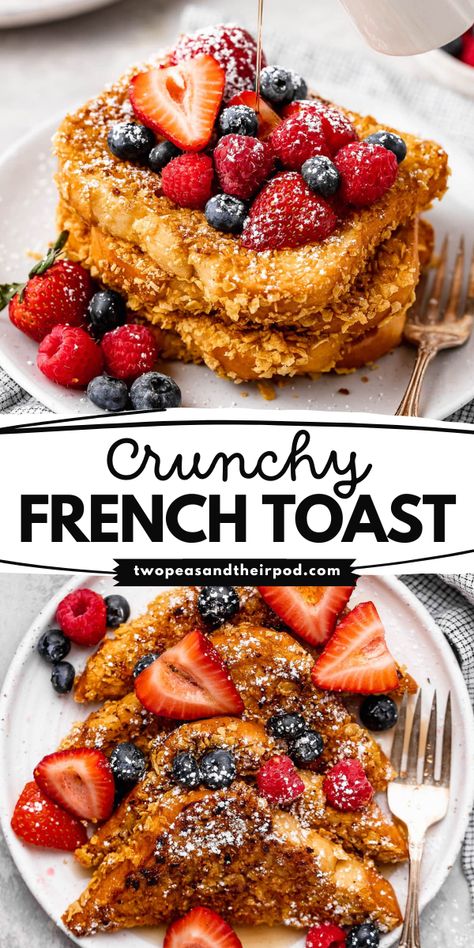 This Crunchy French Toast is a simple brunch recipe that starts with thick slices of Brioche bread dipped in a sweet vanilla cinnamon egg batter and coated in crunchy cornflakes. It makes a great Mother's Day brunch idea! Crunchy French Toast, French Toast Waffles, Nutella French Toast, Brioche French Toast, French Toast Breakfast, Crock Pot Desserts, Mother's Day Brunch, Brioche Bread, Mothers Day Brunch